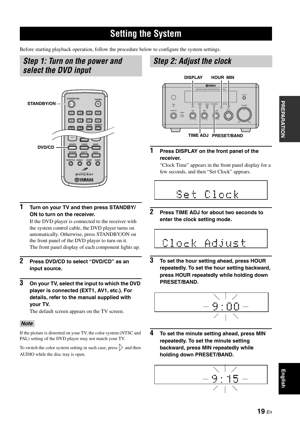 Setting the system, Step 1: turn on the power and select the dvd input, Step 2: adjust the clock | Step 1: turn on the power and select, The dvd input, On (see, Press dvd/cd to select “dvd/cd” as an input source | Yamaha E810 User Manual | Page 23 / 74