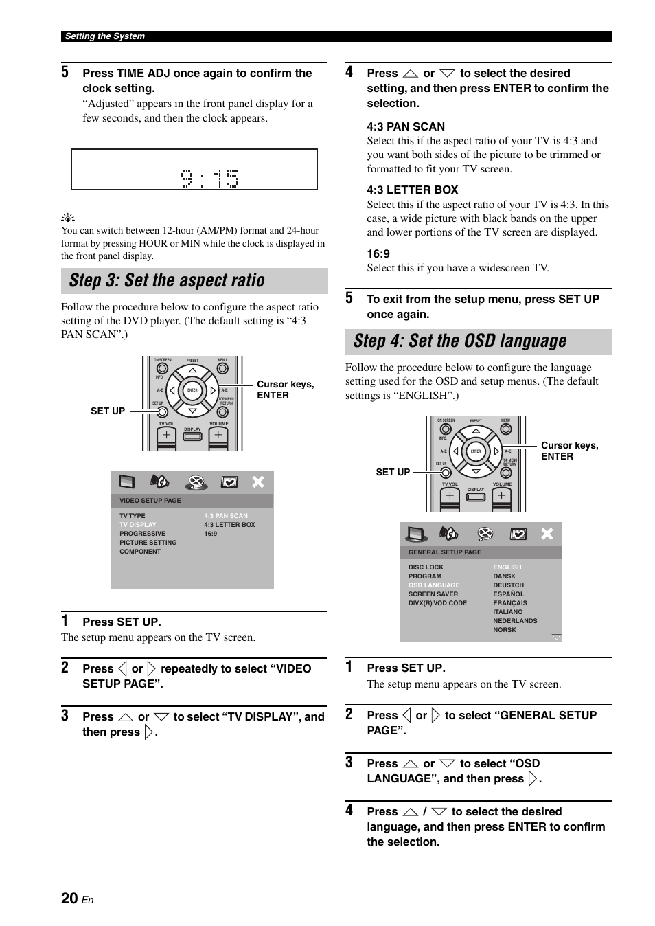 Step 3: set the aspect ratio, Step 4: set the osd language | Yamaha E810 User Manual | Page 24 / 74