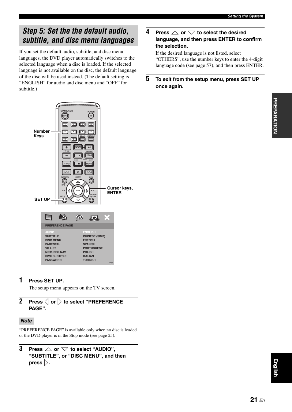 Step 5: set the the default audio, subtitle, And disc menu languages, Press or to select “preference page | Yamaha E810 User Manual | Page 25 / 74