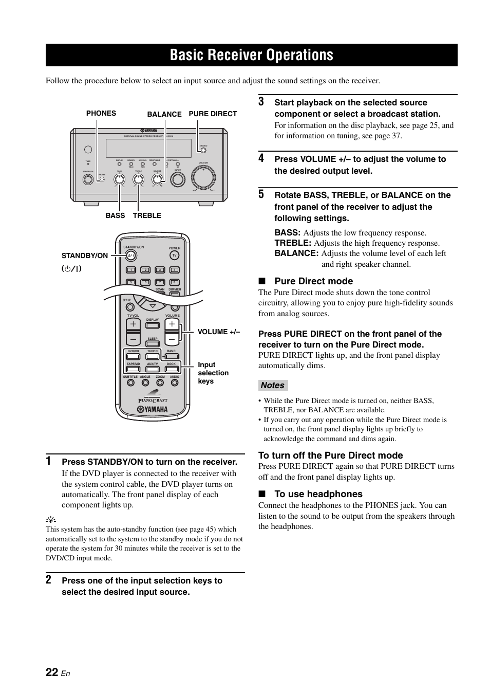 Basic receiver operations, Pure direct mode | Yamaha E810 User Manual | Page 26 / 74