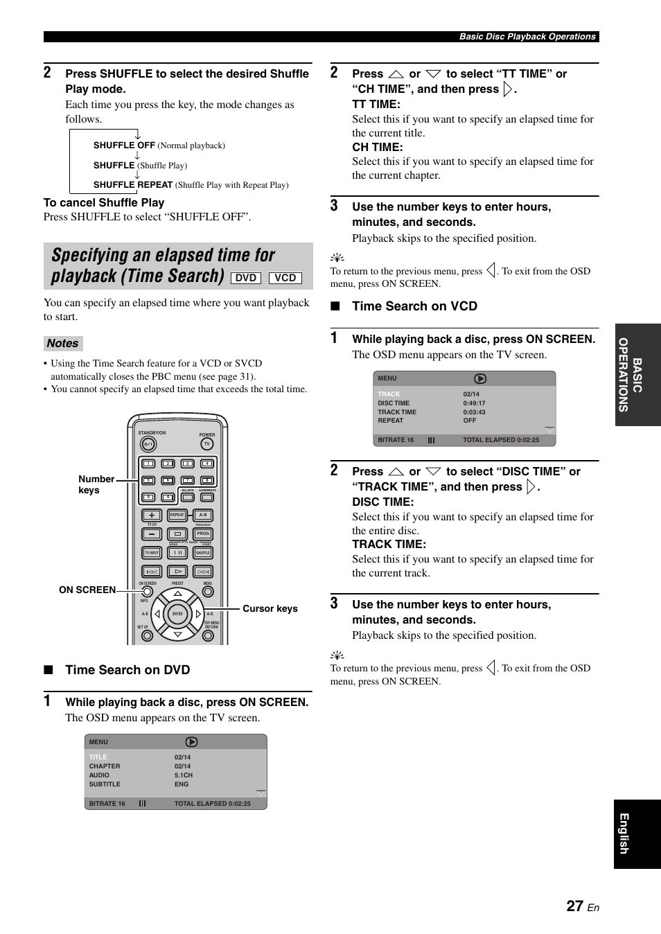 Specifying an elapsed time for playback, Time search), Time search on dvd | Time search on vcd | Yamaha E810 User Manual | Page 31 / 74