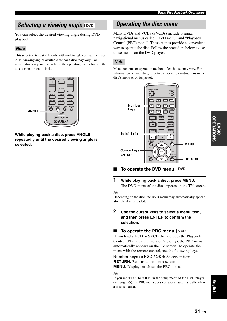 Selecting a viewing angle, Operating the disc menu, Selecting a viewing angle operating the disc menu | Yamaha E810 User Manual | Page 35 / 74