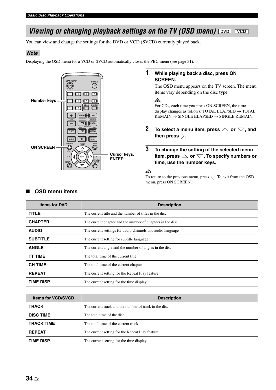 Viewing or changing playback settings on the tv, Osd menu), Osd menu items | Yamaha E810 User Manual | Page 38 / 74