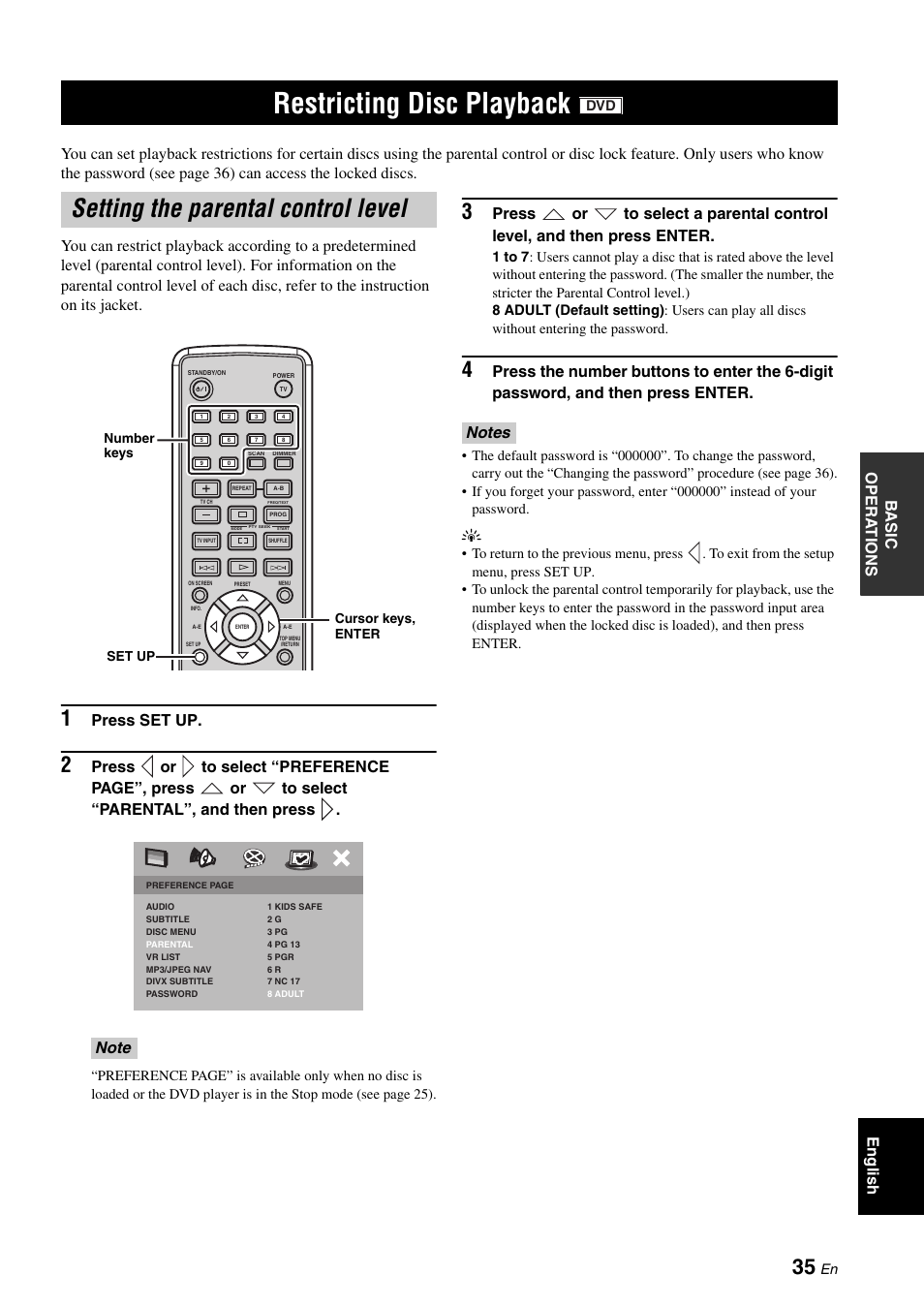 Restricting disc playback, Setting the parental control level, Press set up | Yamaha E810 User Manual | Page 39 / 74