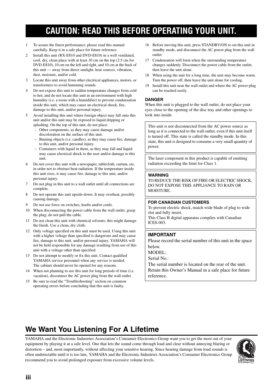 Caution: read this before operating your unit, We want you listening for a lifetime | Yamaha E810 User Manual | Page 4 / 74