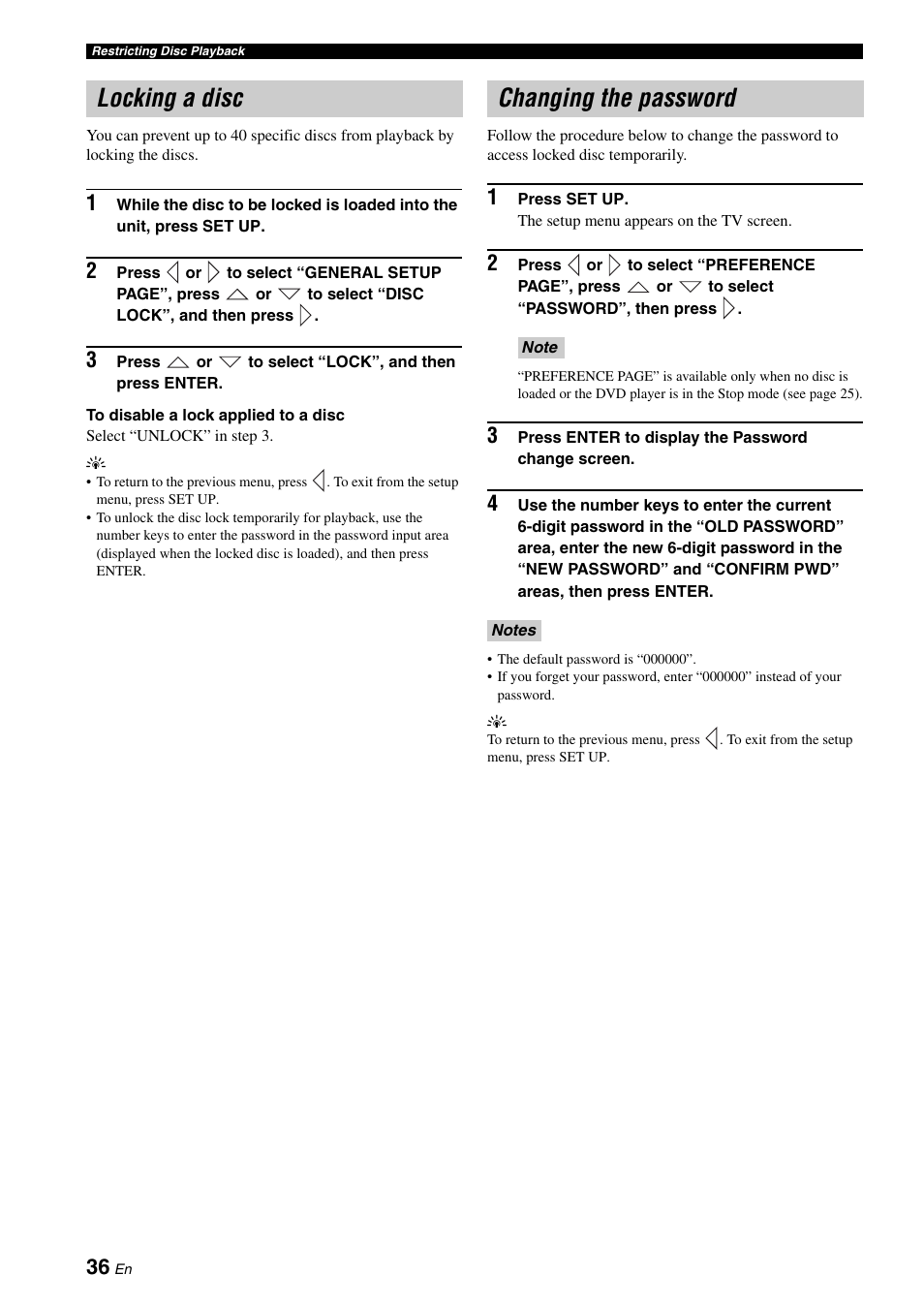 Locking a disc, Changing the password, Locking a disc changing the password | Yamaha E810 User Manual | Page 40 / 74