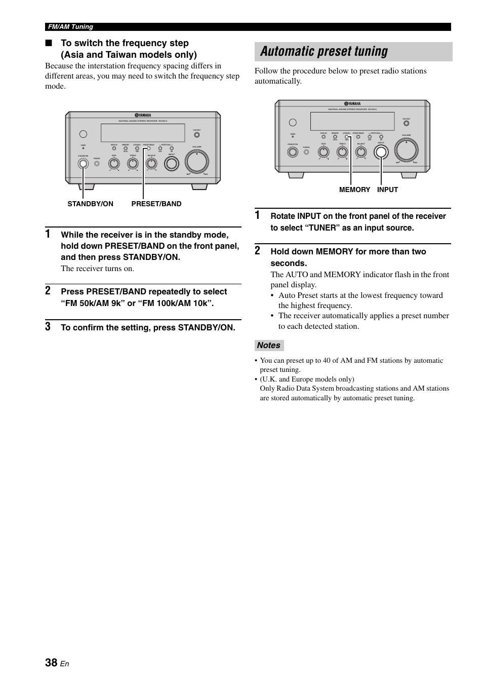 Automatic preset tuning, Preset/band standby/on | Yamaha E810 User Manual | Page 42 / 74