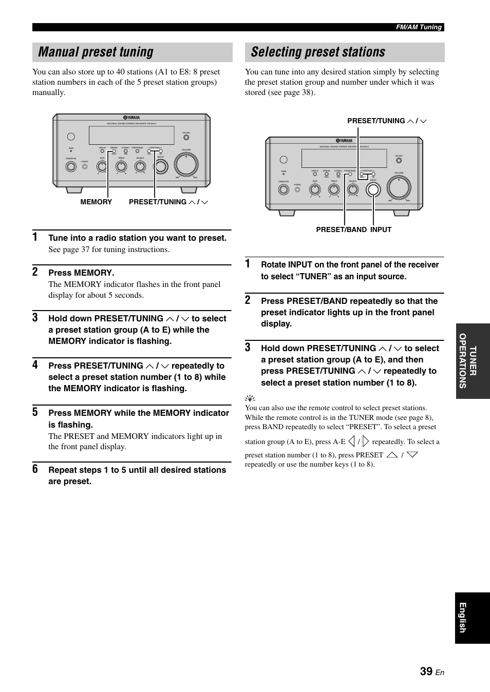 Manual preset tuning, Selecting preset stations, Manual preset tuning selecting preset stations | D 39 | Yamaha E810 User Manual | Page 43 / 74