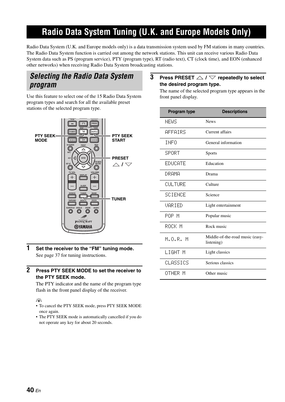 Selecting the radio data system program, Radio data system tuning, U.k. and europe models only) | News, Affairs, Info, Sport, Educate, Drama, Culture | Yamaha E810 User Manual | Page 44 / 74