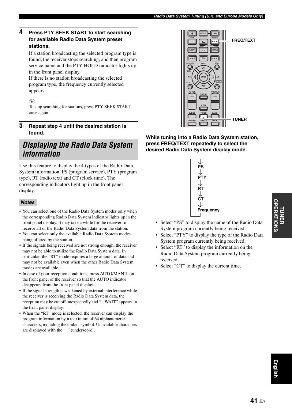 Displaying the radio data system information, Eng lish tu ner opera t ions | Yamaha E810 User Manual | Page 45 / 74