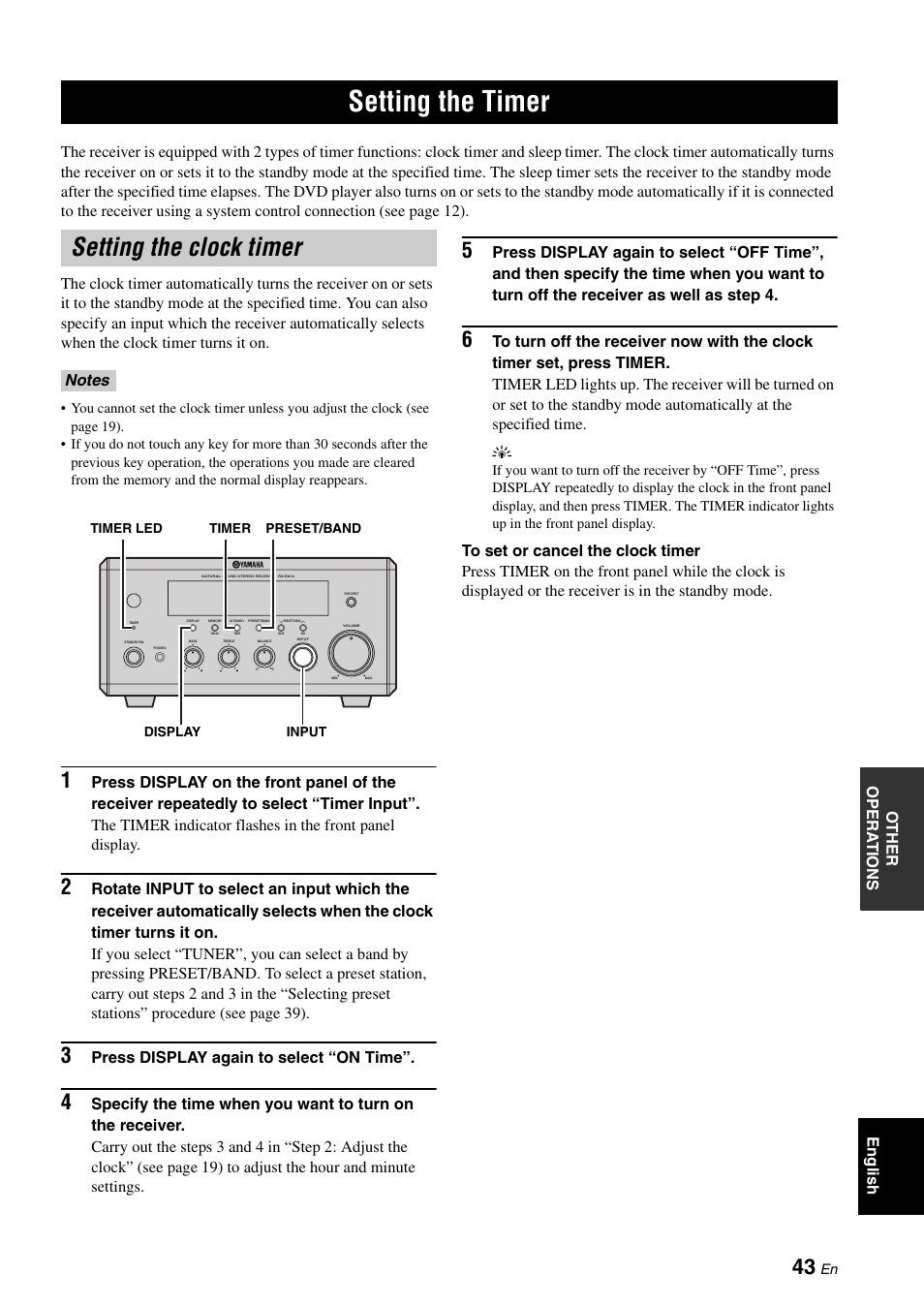 Setting the timer, Setting the clock timer, Press display again to select “on time | Yamaha E810 User Manual | Page 47 / 74