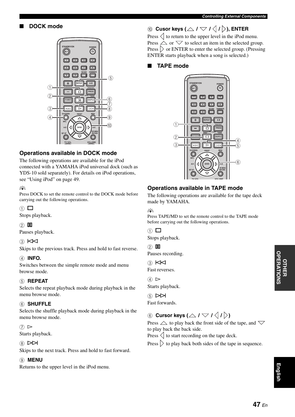 Dock mode operations available in dock mode, Tape mode operations available in tape mode, Eng lish o t he r op era t io ns | Yamaha E810 User Manual | Page 51 / 74