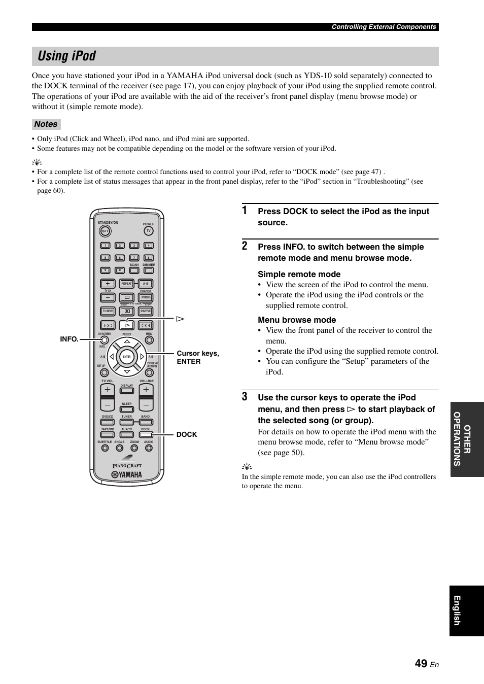 Using ipod, Press dock to select the ipod as the input source | Yamaha E810 User Manual | Page 53 / 74