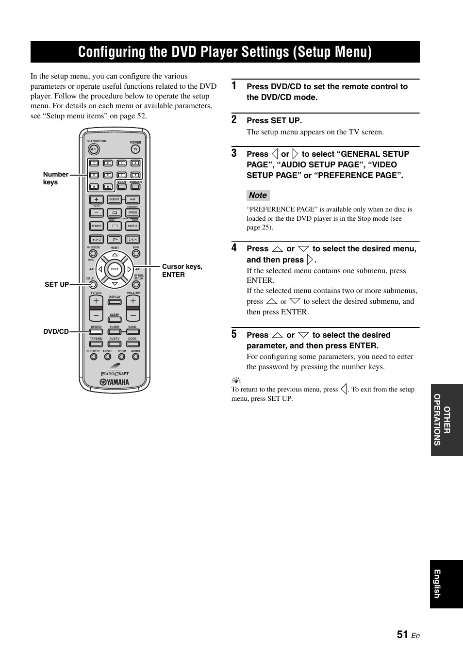 Configuring the dvd player settings (setup menu), Configuring the dvd player settings, Setup menu) | Yamaha E810 User Manual | Page 55 / 74
