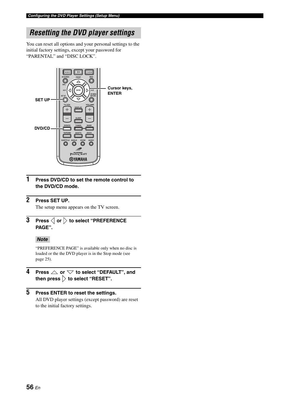 Resetting the dvd player settings, Press or to select “preference page | Yamaha E810 User Manual | Page 60 / 74