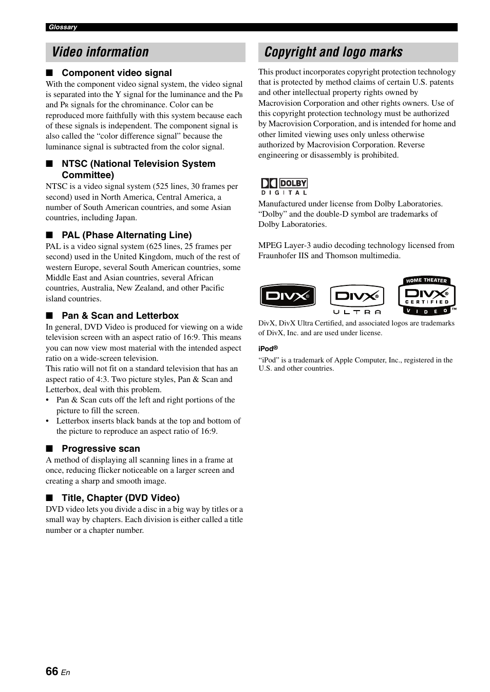 Video information, Copyright and logo marks, Video information copyright and logo marks | Yamaha E810 User Manual | Page 70 / 74