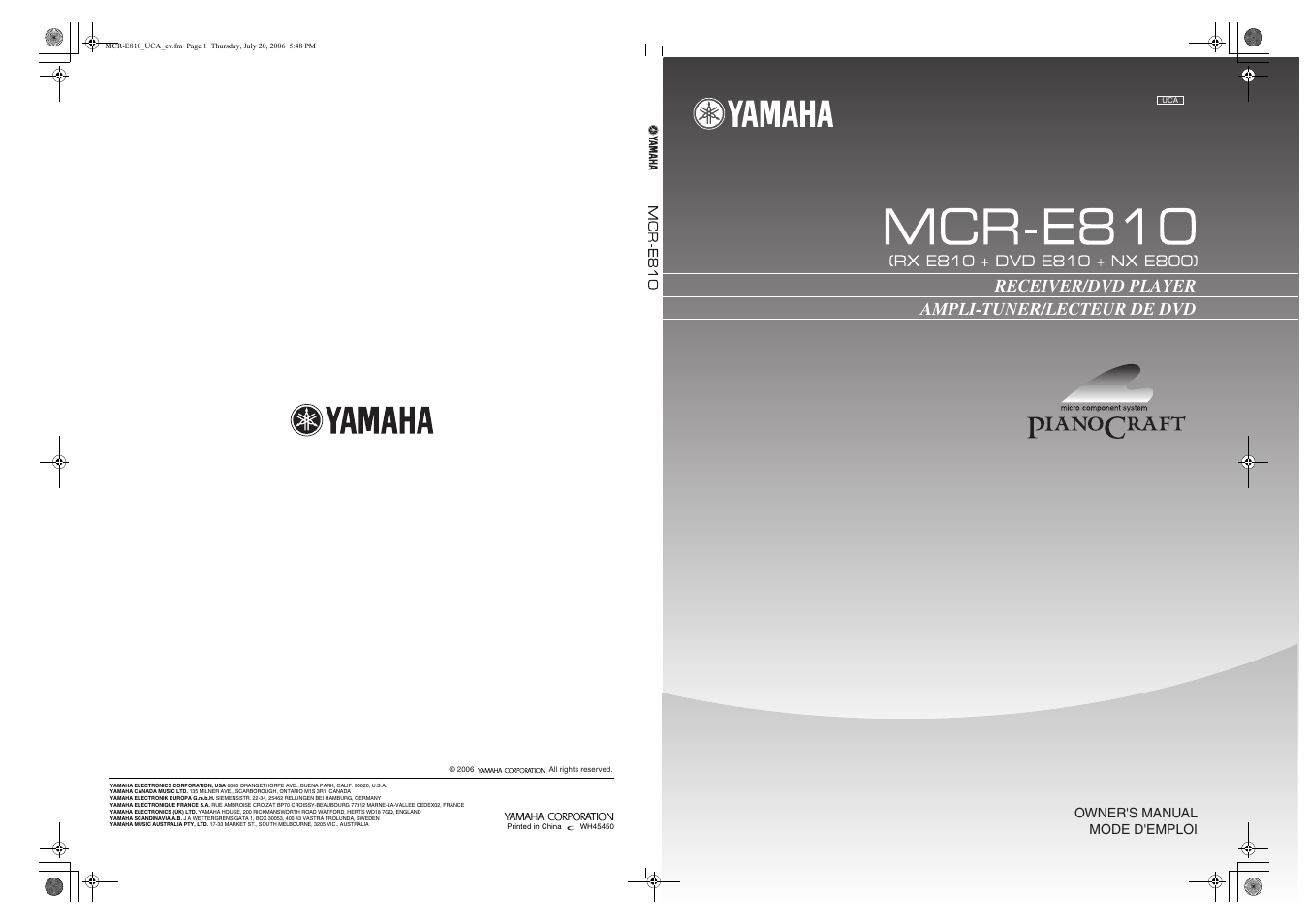 Ampli-tuner/lecteur de dvd receiver/dvd player, Owner's manual mode d'emploi | Yamaha E810 User Manual | Page 74 / 74