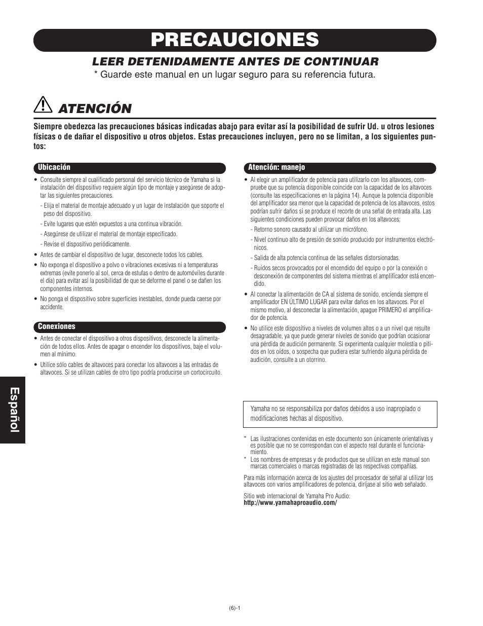 Español, Precauciones, Atención | Espa ñ ol, Leer detenidamente antes de continuar | Yamaha IF2205(W) User Manual | Page 2 / 6