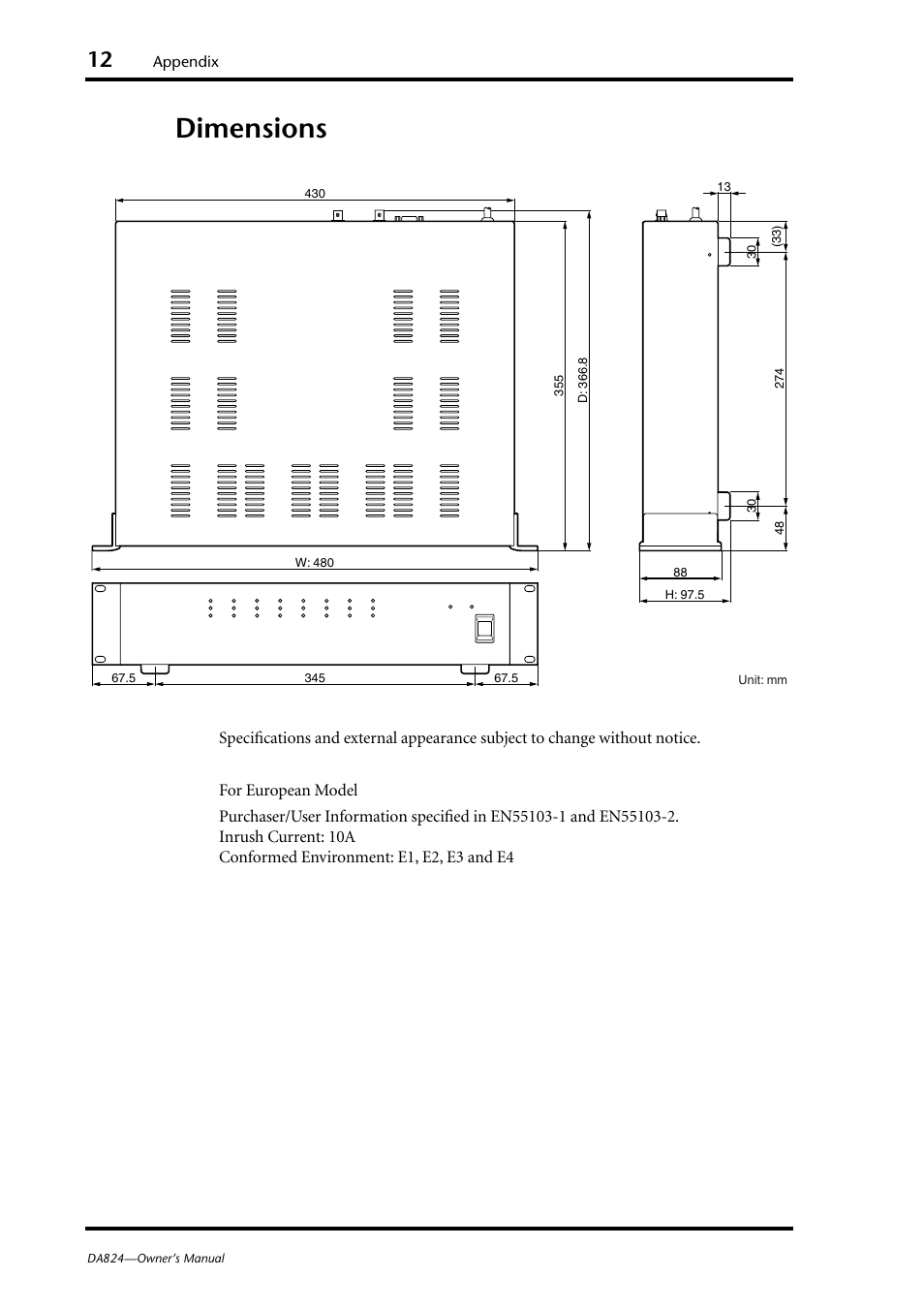 Dimensions | Yamaha DA824 User Manual | Page 18 / 19