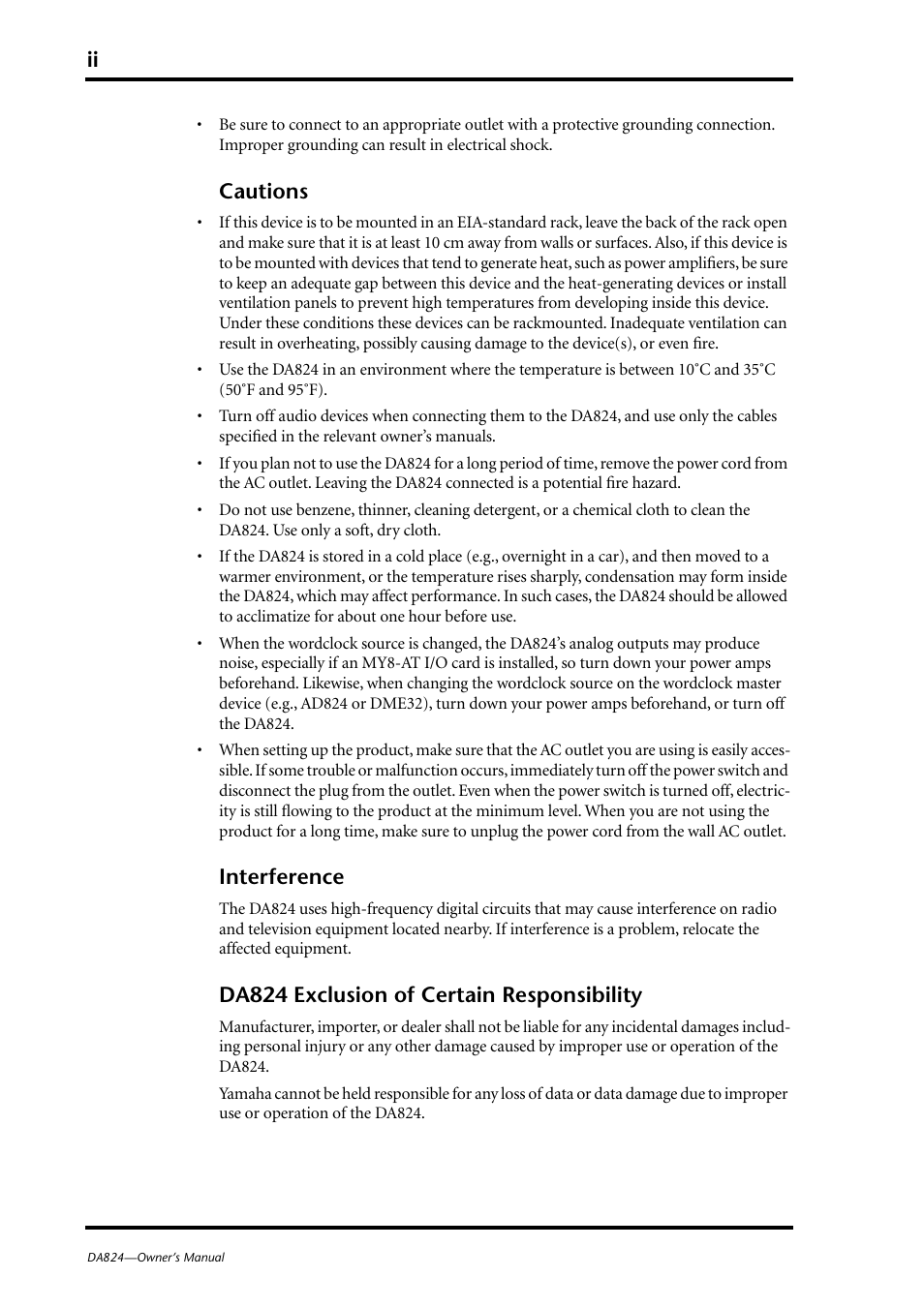 Cautions, Interference, Da824 exclusion of certain responsibility | Yamaha DA824 User Manual | Page 4 / 19