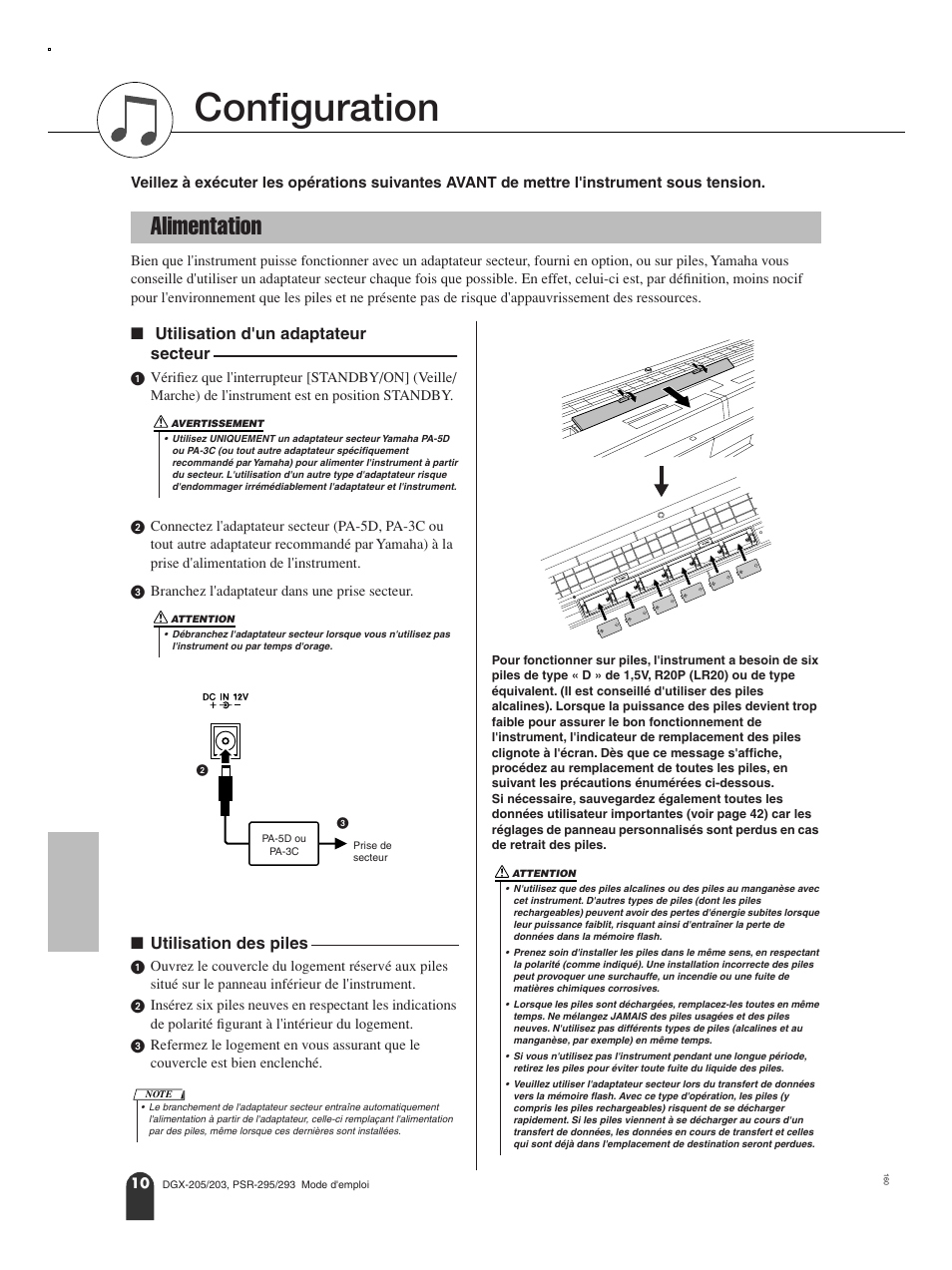 Configuration, Alimentation | Yamaha PORTATONE PSR-295 User Manual | Page 10 / 98