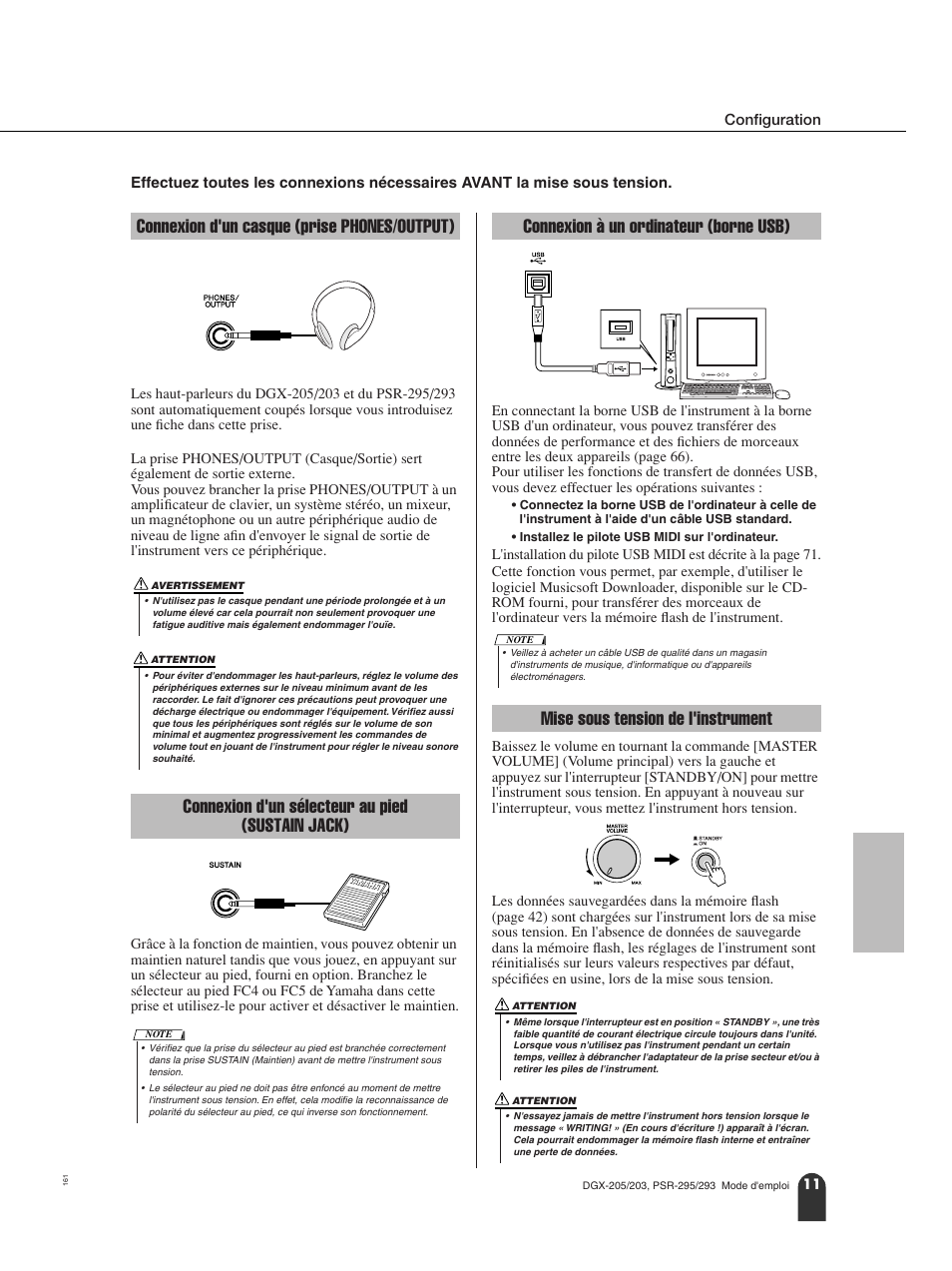 Connexion d'un casque (prise phones/output), Connexion d'un sélecteur au pied (sustain jack), Connexion à un ordinateur (borne usb) | Mise sous tension de l'instrument | Yamaha PORTATONE PSR-295 User Manual | Page 11 / 98