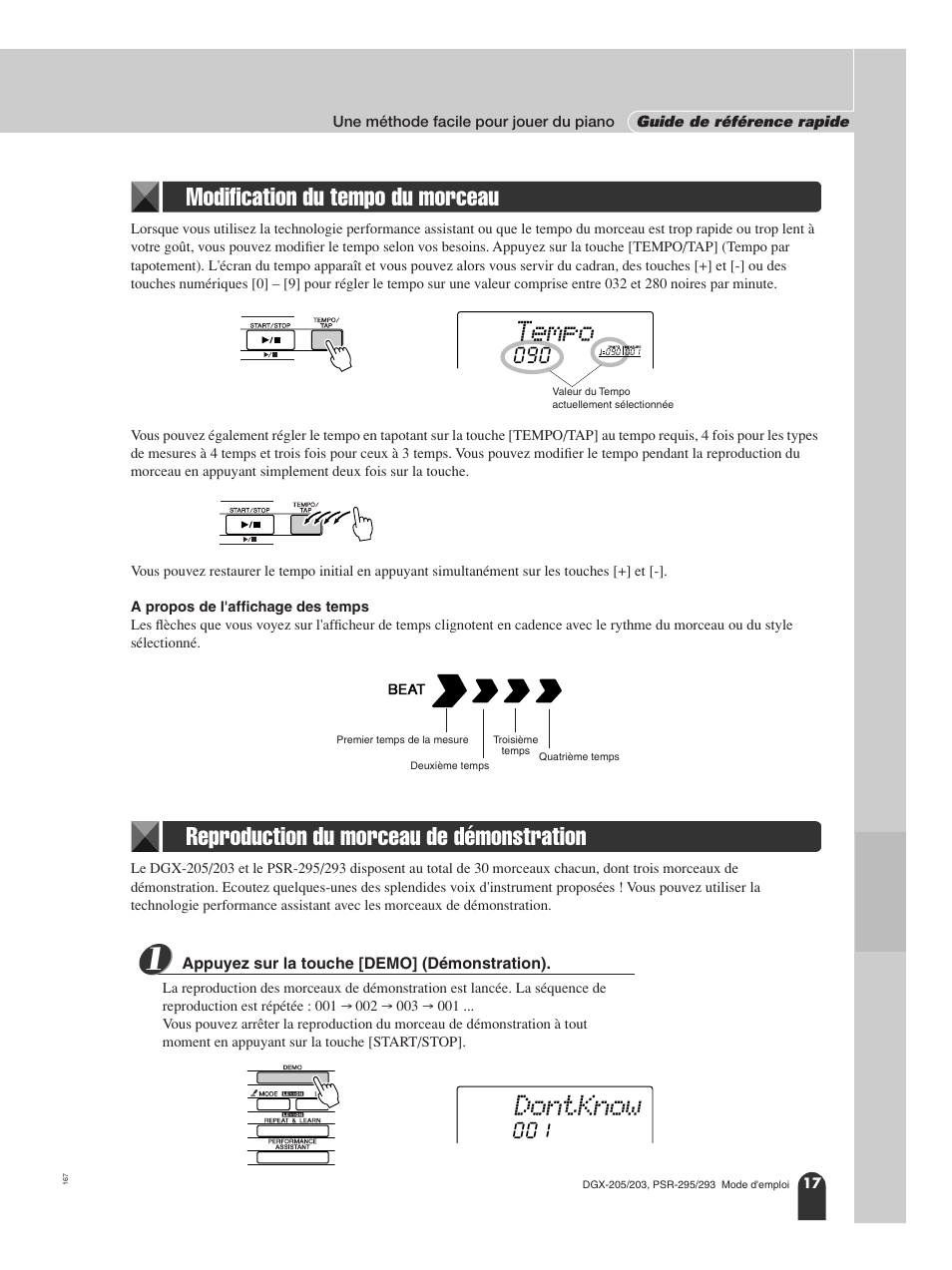 Modification du tempo du morceau, Reproduction du morceau de démonstration, Tempo | Dontknow | Yamaha PORTATONE PSR-295 User Manual | Page 17 / 98