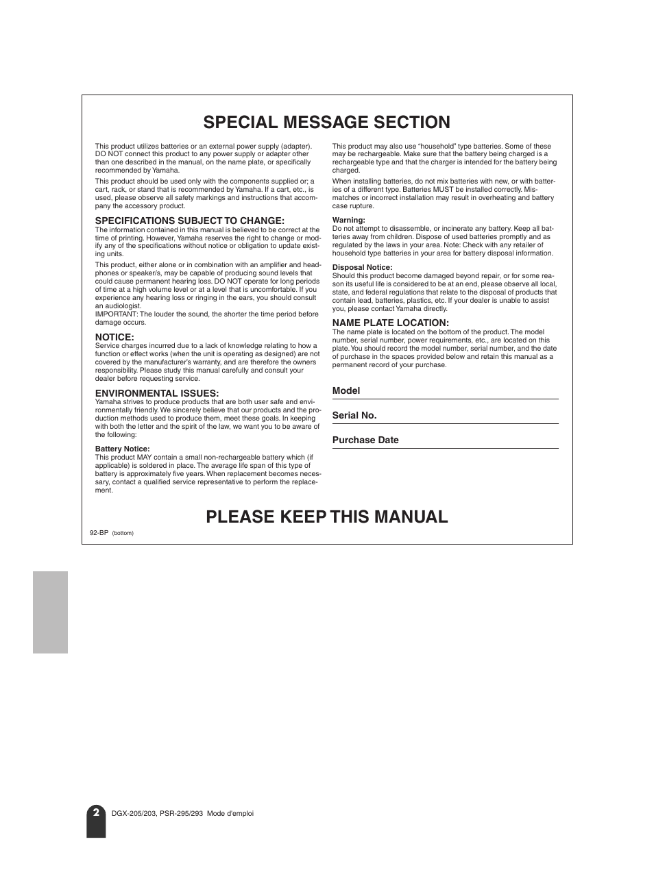 Please keep this manual | Yamaha PORTATONE PSR-295 User Manual | Page 2 / 98
