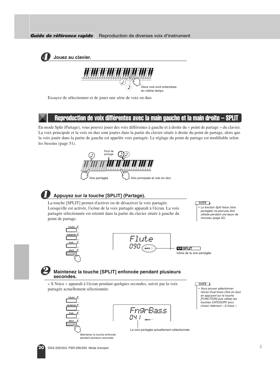 Et la main droite – split, Flute, Fngrbass | Yamaha PORTATONE PSR-295 User Manual | Page 20 / 98