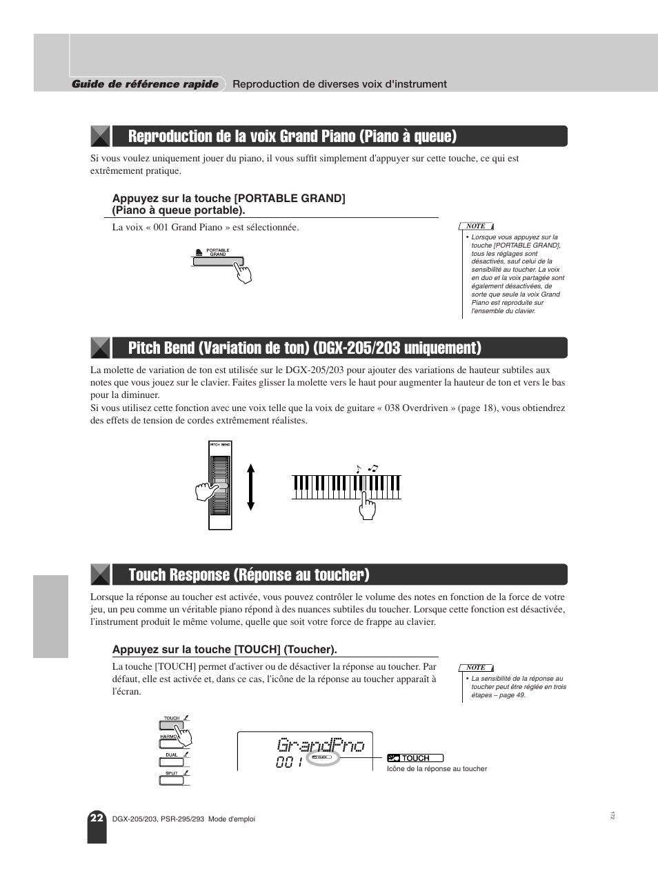 Touch response (réponse au toucher), Grandpno | Yamaha PORTATONE PSR-295 User Manual | Page 22 / 98