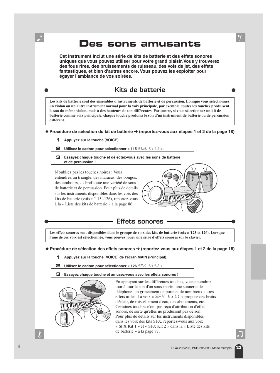 Des sons amusants, Kits de batterie, Effets sonores | Kits de batterie effets sonores | Yamaha PORTATONE PSR-295 User Manual | Page 23 / 98