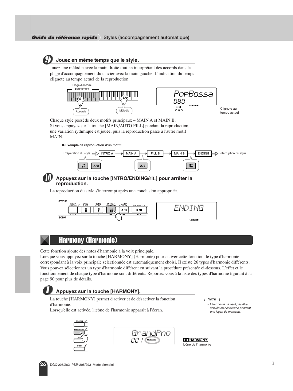 Harmony (harmonie), Popbossa, Ending | Grandpno | Yamaha PORTATONE PSR-295 User Manual | Page 26 / 98