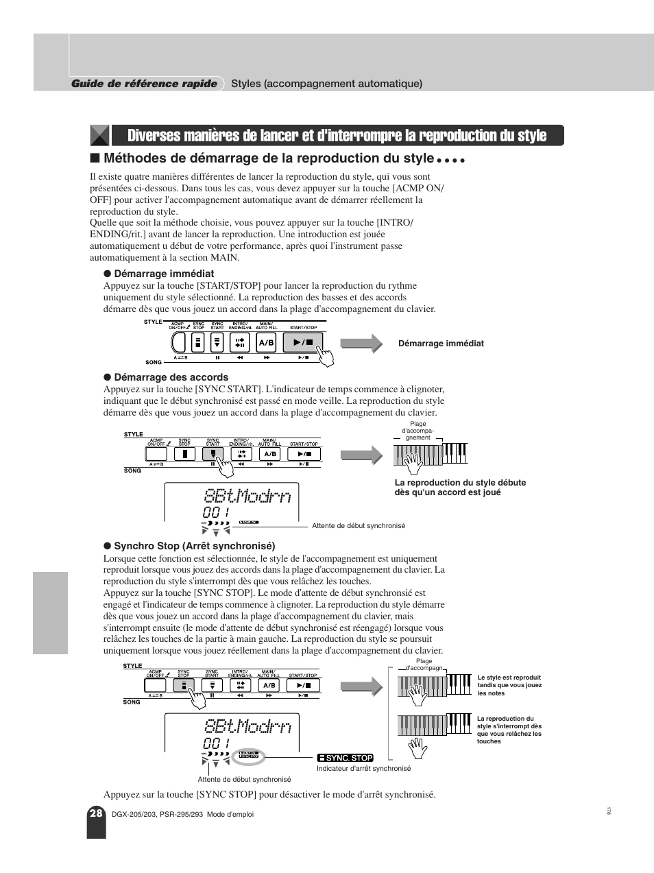 Diverses manières de lancer et d'interrompre, La reproduction du style, 8btmodrn | Méthodes de démarrage de la reproduction du style | Yamaha PORTATONE PSR-295 User Manual | Page 28 / 98