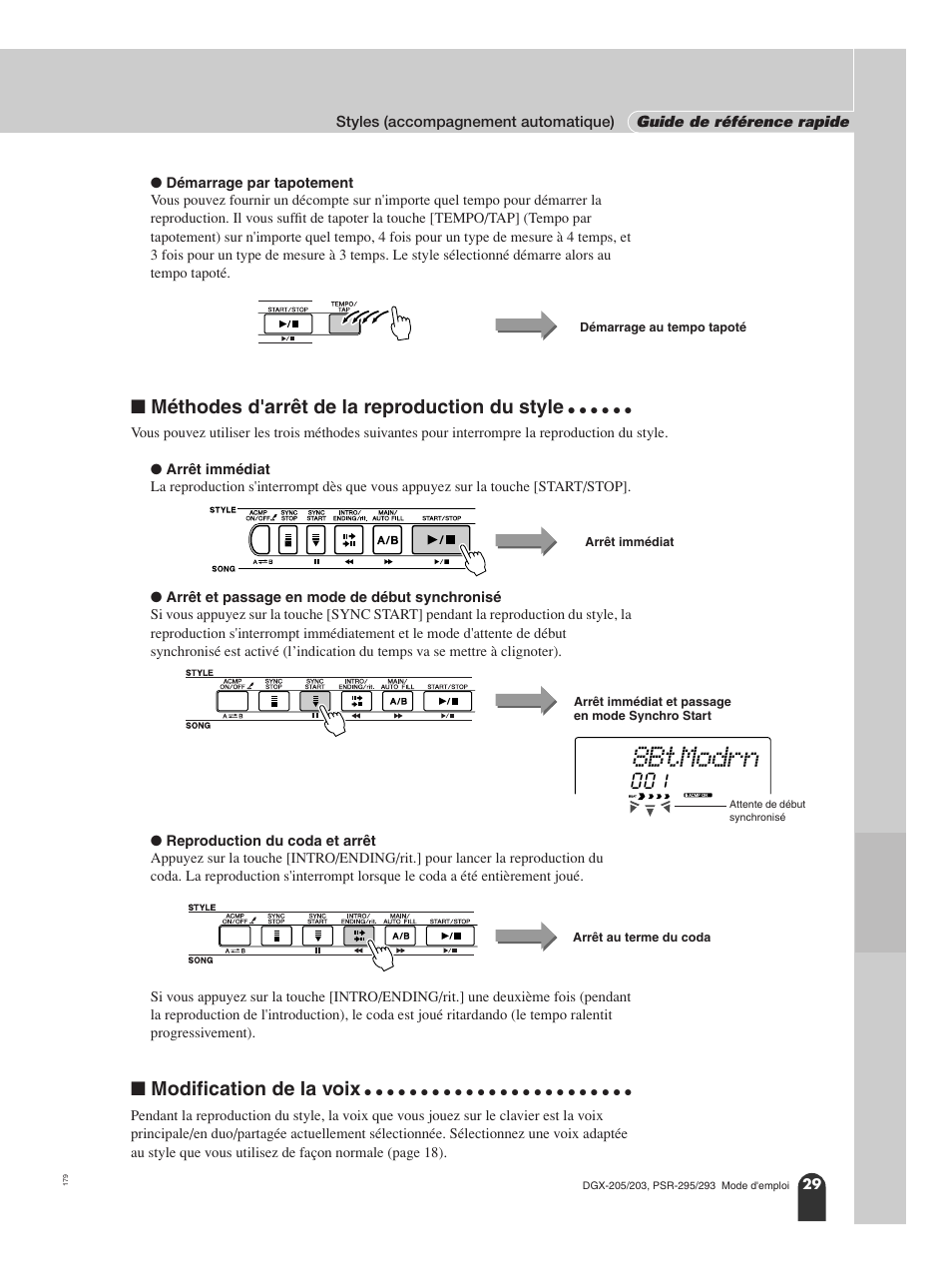N méthodes d'arrêt de la reproduction du style, N modification de la voix, 8btmodrn | Méthodes d'arrêt de la reproduction du style, Modification de la voix | Yamaha PORTATONE PSR-295 User Manual | Page 29 / 98