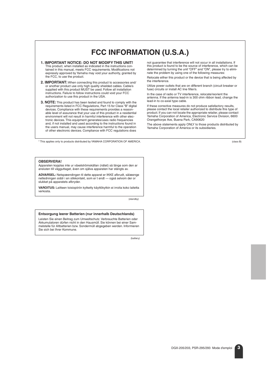 Fcc information (u.s.a.) | Yamaha PORTATONE PSR-295 User Manual | Page 3 / 98