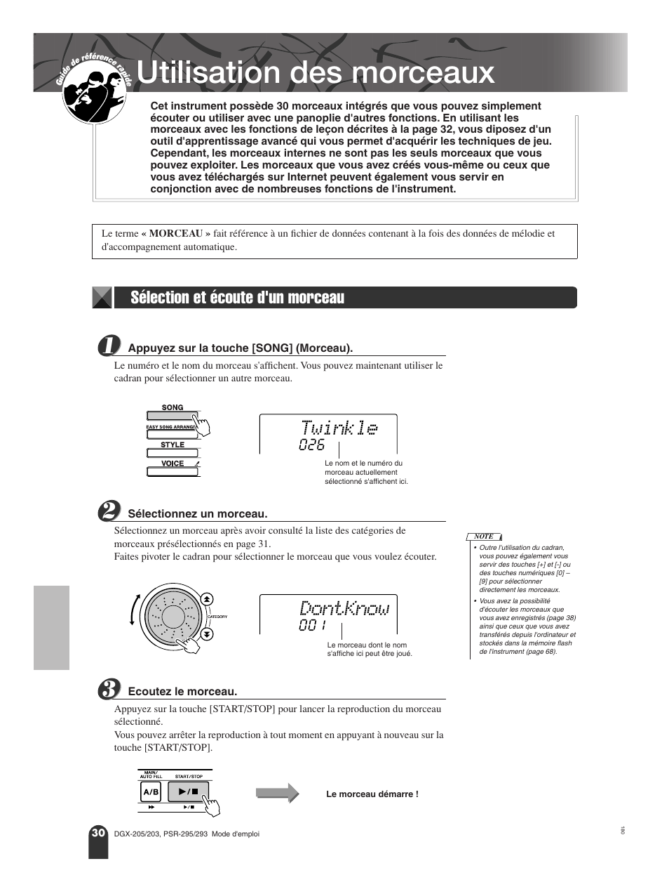 Utilisation des morceaux, Sélection et écoute d'un morceau, Twinkle | Dontknow | Yamaha PORTATONE PSR-295 User Manual | Page 30 / 98