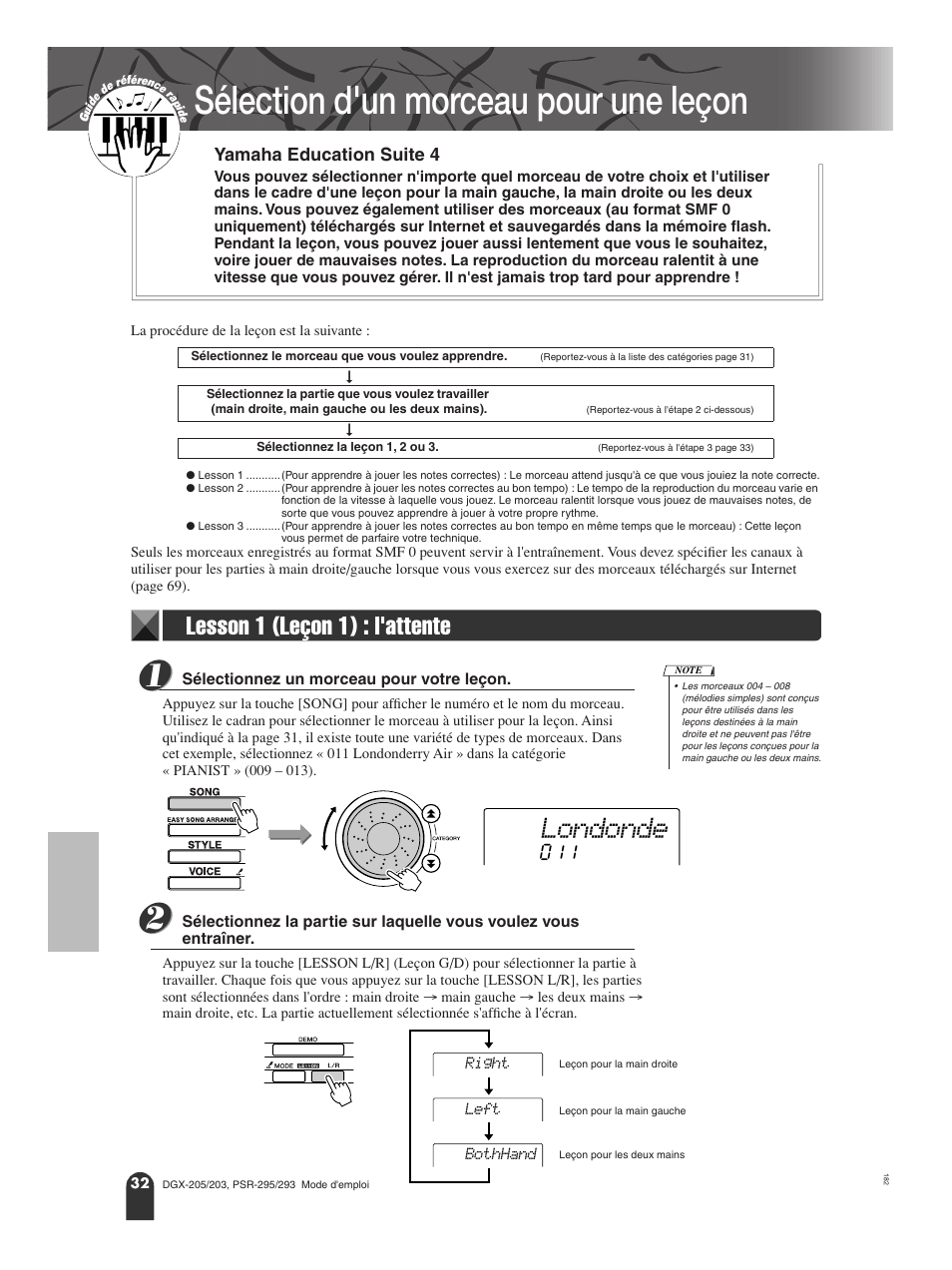 Sélection d'un morceau pour une leçon, Lesson 1 (leçon 1) : l'attente, Londonde | Yamaha education suite 4 | Yamaha PORTATONE PSR-295 User Manual | Page 32 / 98