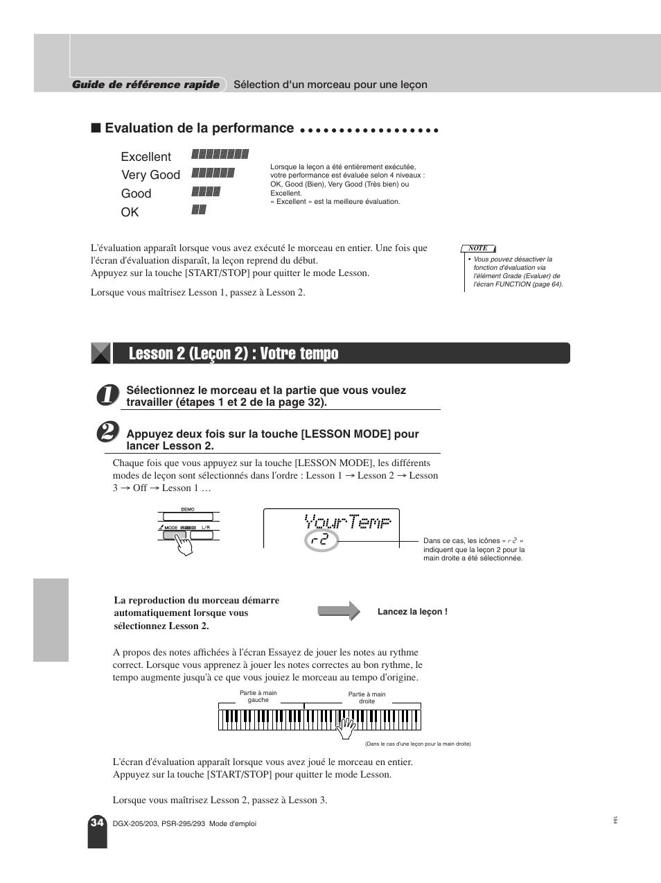 N evaluation de la performance, Lesson 2 (leçon 2) : votre tempo, Yourtemp | Evaluation de la performance | Yamaha PORTATONE PSR-295 User Manual | Page 34 / 98