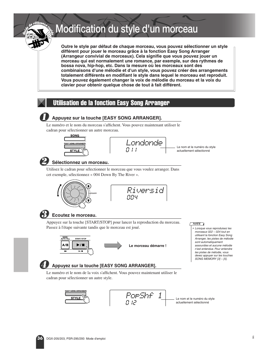 Modification du style d'un morceau, Utilisation de la fonction easy song arranger, Londonde | Riversid, Popshf 1 | Yamaha PORTATONE PSR-295 User Manual | Page 36 / 98