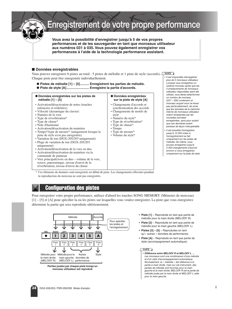 Enregistrement de votre propre performance, Configuration des pistes | Yamaha PORTATONE PSR-295 User Manual | Page 38 / 98