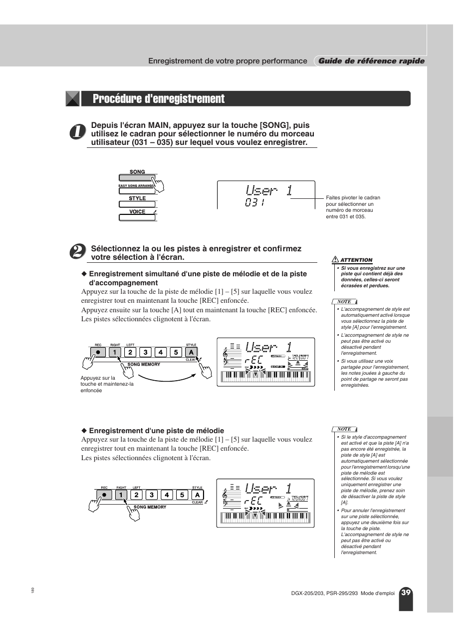 Procédure d'enregistrement, User 1 | Yamaha PORTATONE PSR-295 User Manual | Page 39 / 98