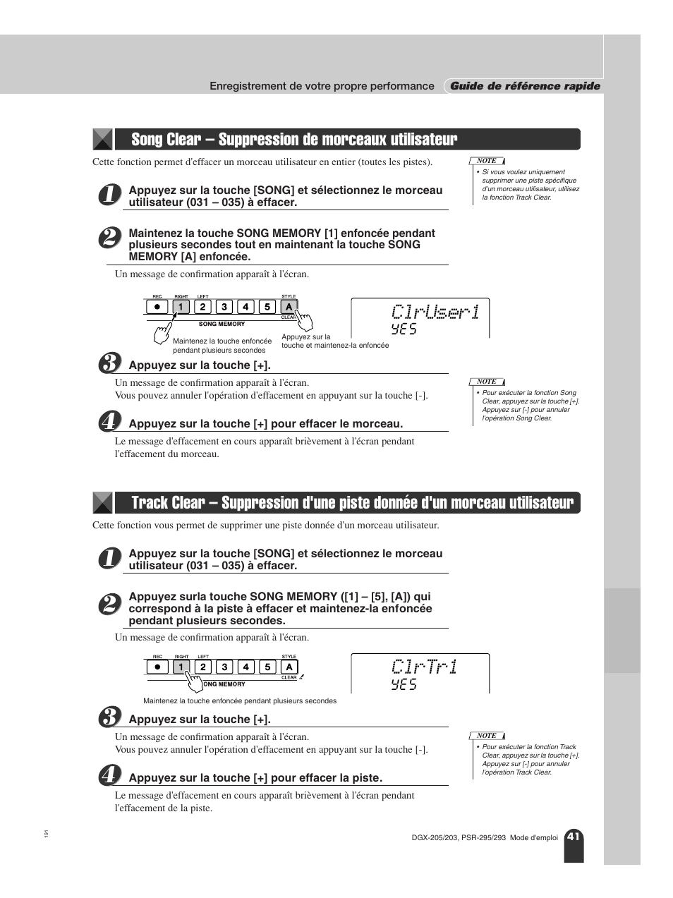 Song clear - suppression de morceaux utilisateur, D'un morceau utilisateur, Clruser1 | Clrtr1, Song clear – suppression de morceaux utilisateur | Yamaha PORTATONE PSR-295 User Manual | Page 41 / 98