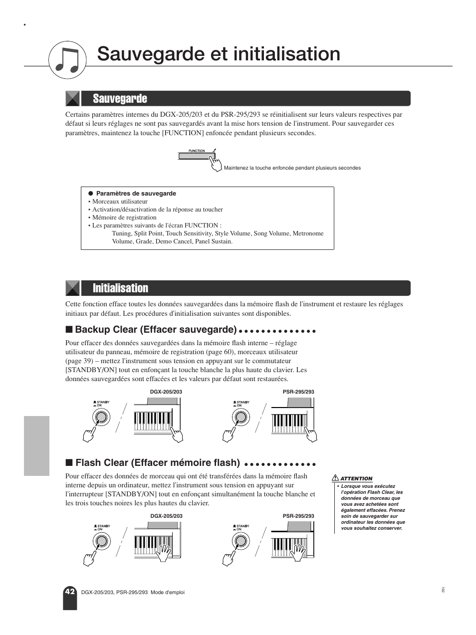 Sauvegarde et initialisation, Sauvegarde, Initialisation | N backup clear (effacer sauvegarde), N flash clear (effacer mémoire flash), Sauvegarde initialisation, Backup clear (effacer sauvegarde), Flash clear (effacer mémoire flash) | Yamaha PORTATONE PSR-295 User Manual | Page 42 / 98