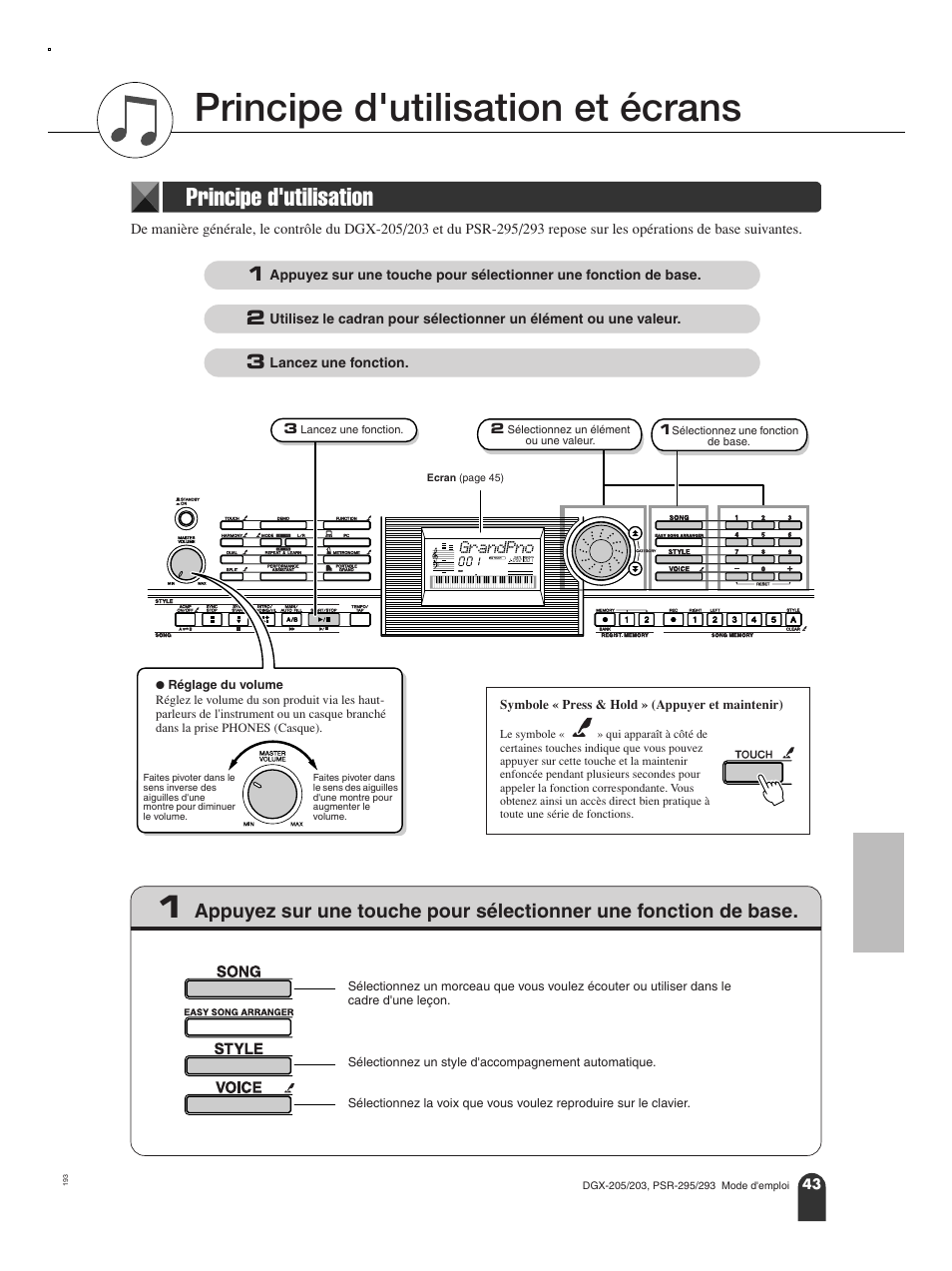 Principe d'utilisation et écrans, Principe d'utilisation | Yamaha PORTATONE PSR-295 User Manual | Page 43 / 98