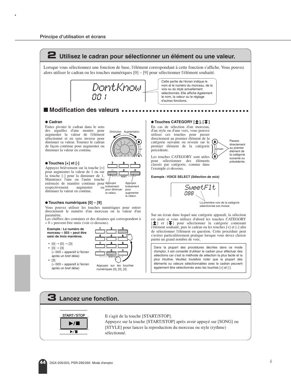 N modification des valeurs, 3 lancez une fonction, Dontknow | Sweetflt, Modification des valeurs, Lancez une fonction | Yamaha PORTATONE PSR-295 User Manual | Page 44 / 98