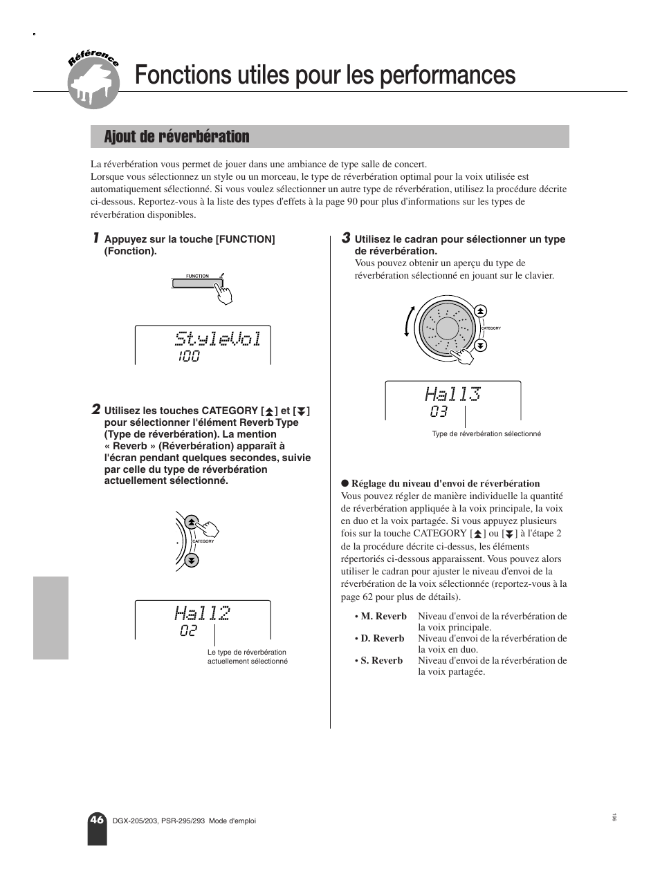 Fonctions utiles pour les performances, Ajout de réverbération, Référence | Stylevol, Hall2, Hall3 | Yamaha PORTATONE PSR-295 User Manual | Page 46 / 98
