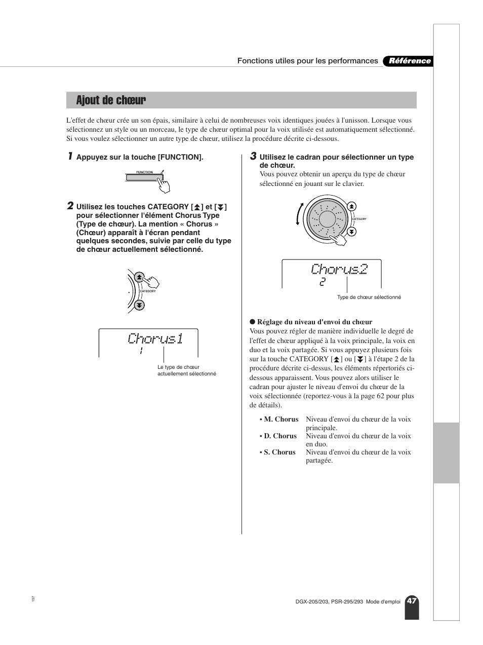 Ajout de chœur, Chorus1, Chorus2 | Yamaha PORTATONE PSR-295 User Manual | Page 47 / 98