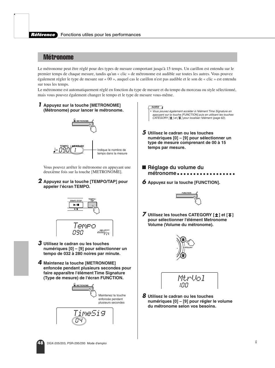 Métronome, N réglage du volume du métronome, Tempo | Timesig, Mtrvol | Yamaha PORTATONE PSR-295 User Manual | Page 48 / 98