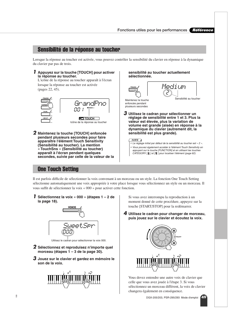 Sensibilité de la réponse au toucher, One touch setting, Grandpno | Medium, Sweetspr | Yamaha PORTATONE PSR-295 User Manual | Page 49 / 98