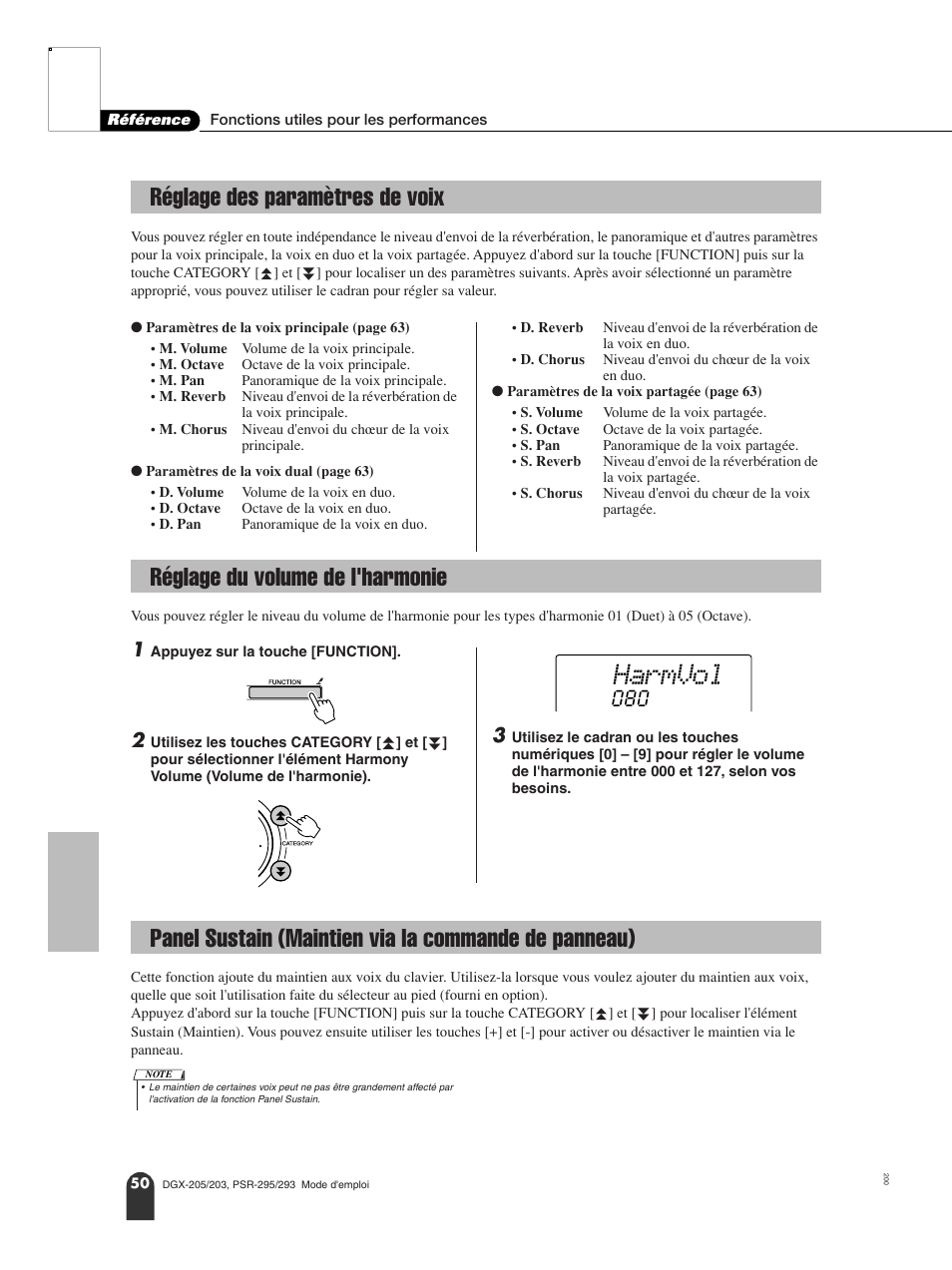 Réglage des paramètres de voix, Réglage du volume de l'harmonie, Harmvol | Yamaha PORTATONE PSR-295 User Manual | Page 50 / 98